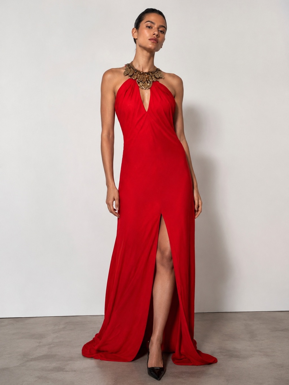 Gorgeous Jersey Knit Embellished Necklace Black Tie Evening Gown
